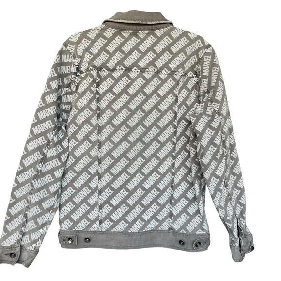 Marvel Mens Jean Jacket Medium Button Up AOP Logo Gray Denim Superhero Movies - Picture 2 of 10